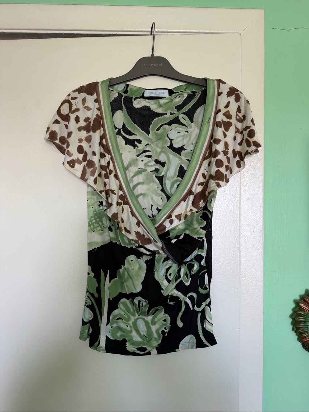 Emilio Pucci Green and Black Mixed-Print Wrap Blouse